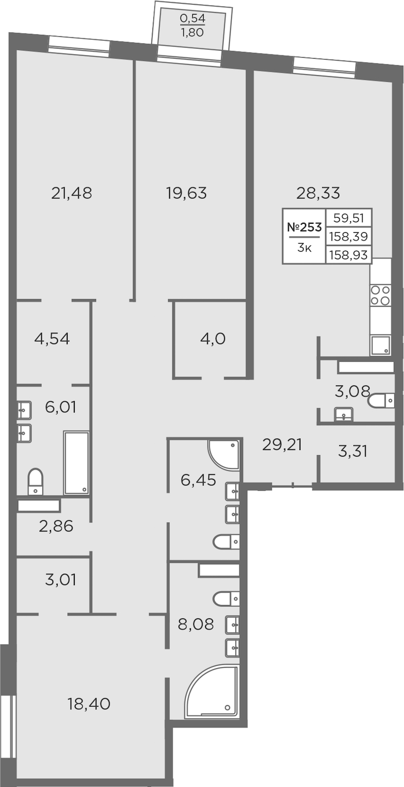 3-комнатная квартира 158.93 м², 6/8 эт., ЖК «Северная Корона»